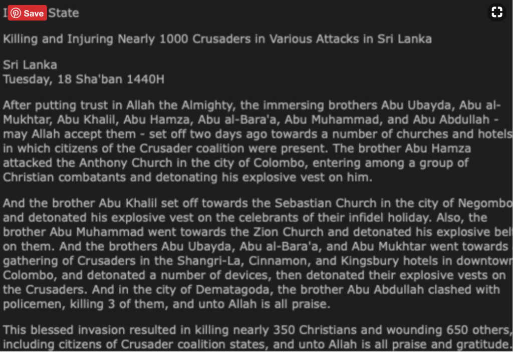 Islamic State claims Sri Lanka blasts